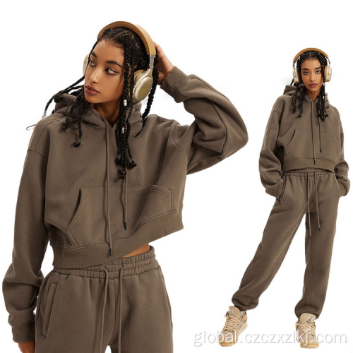 Fleece Thick Sweatpants Suit Autumn fleece thickened leaky navel hooded sweatshirt set Factory